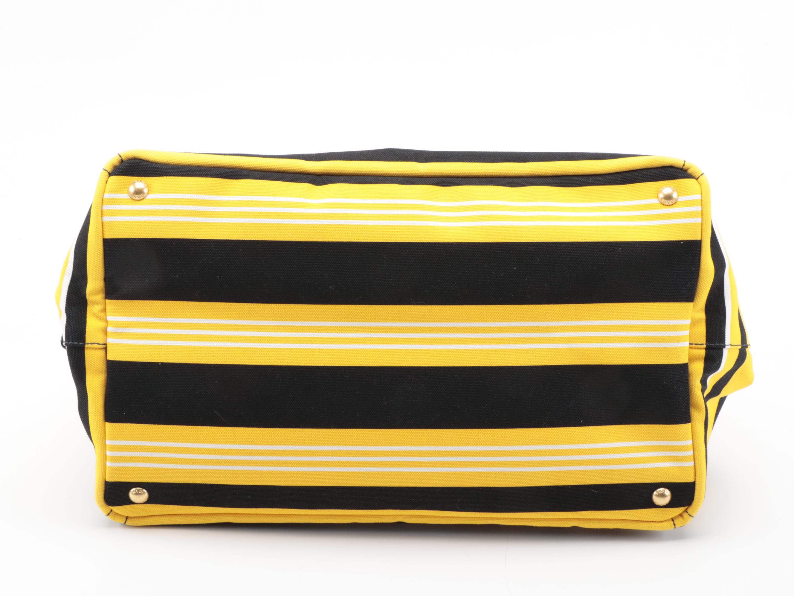 Prada Shopping Tote in Striped Yellow and Black Canapa Canvas