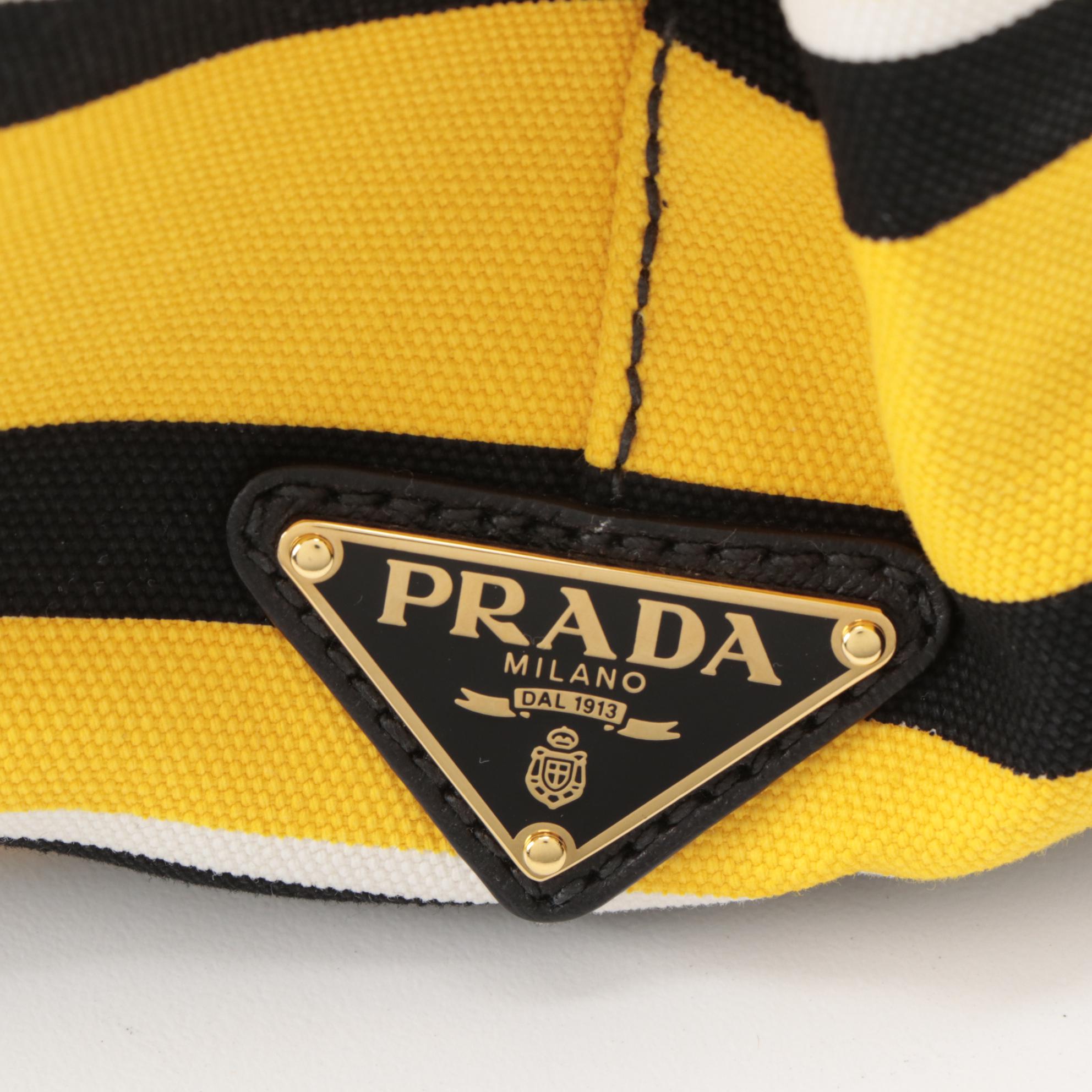 Prada Shopping Tote in Striped Yellow and Black Canapa Canvas