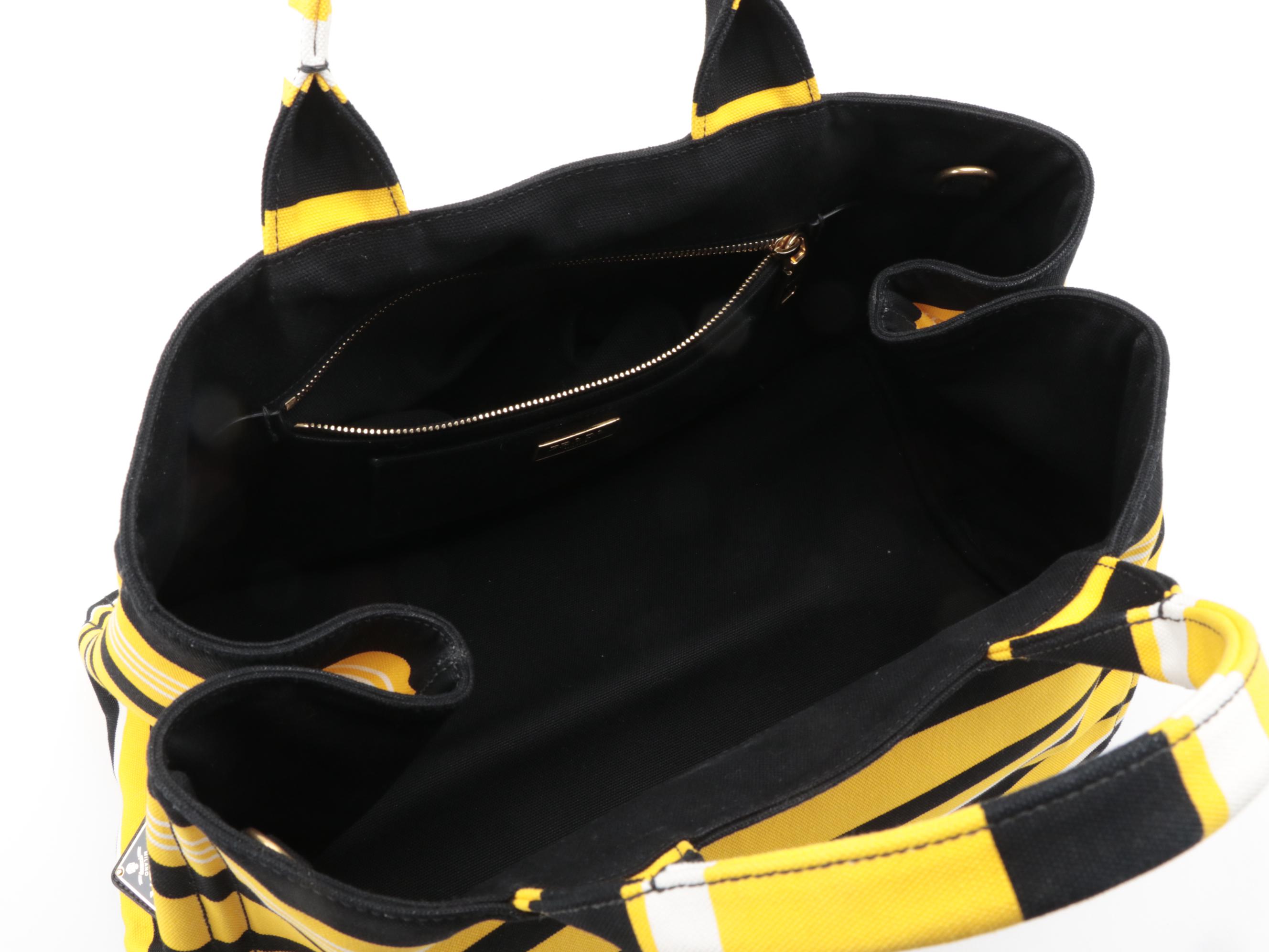Prada Shopping Tote in Striped Yellow and Black Canapa Canvas