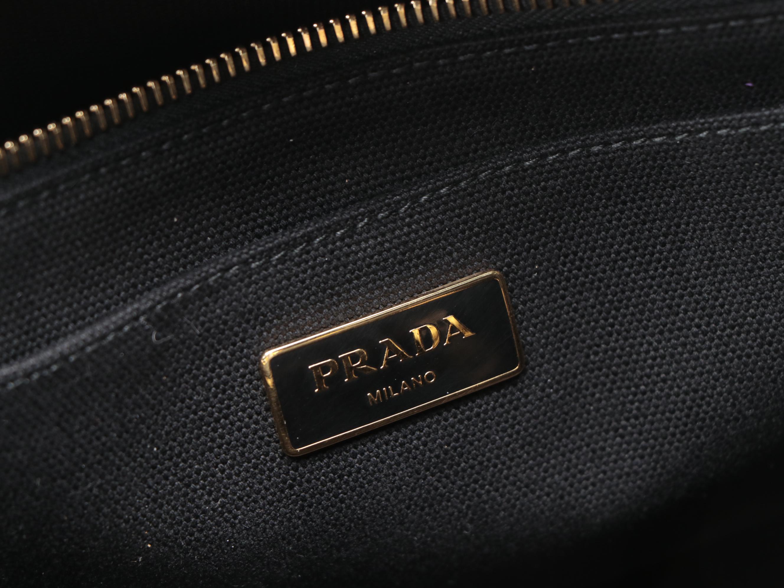 Prada Shopping Tote in Striped Yellow and Black Canapa Canvas