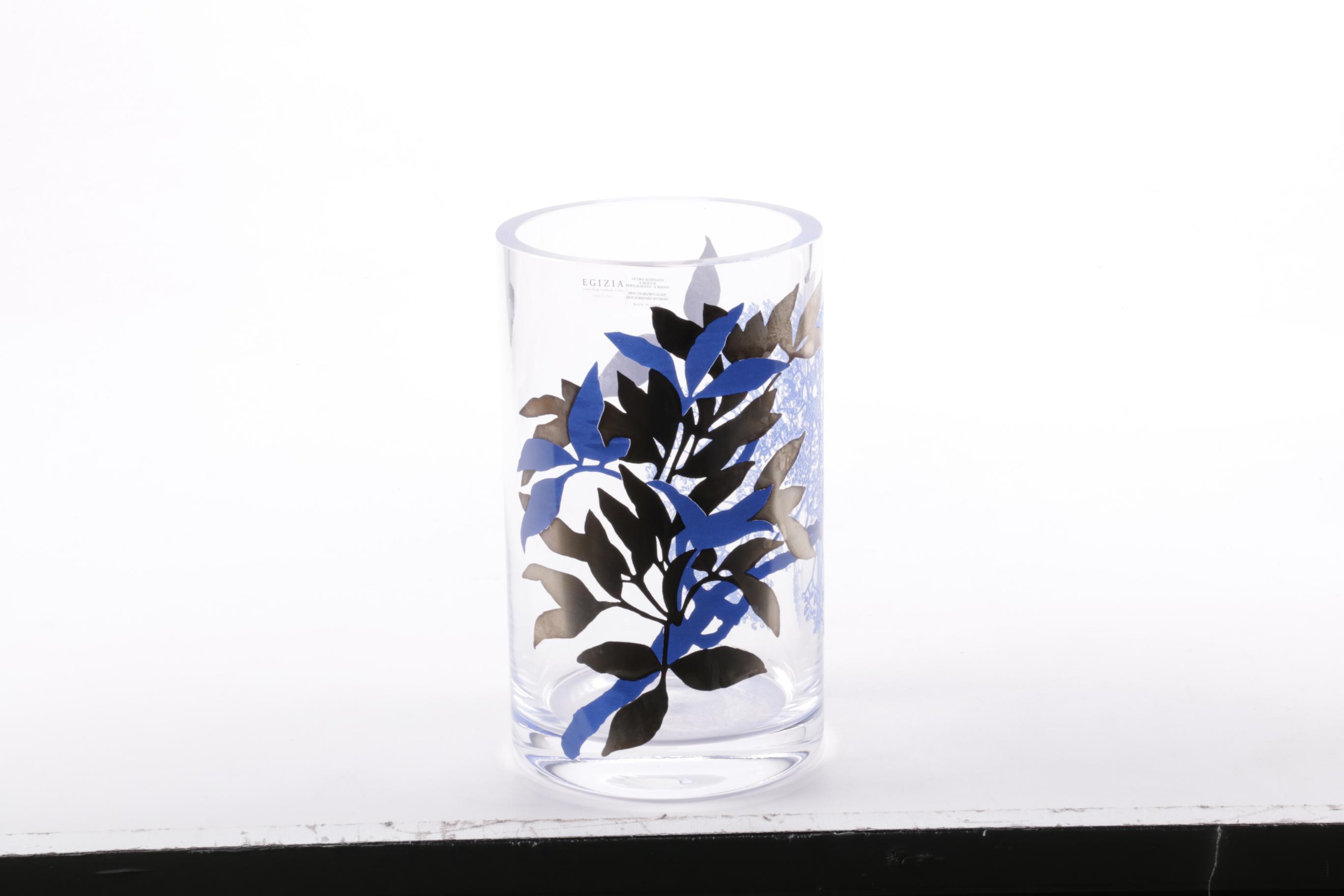 Egizia Italian Handblown Art Glass Vase with Silk Screen Design