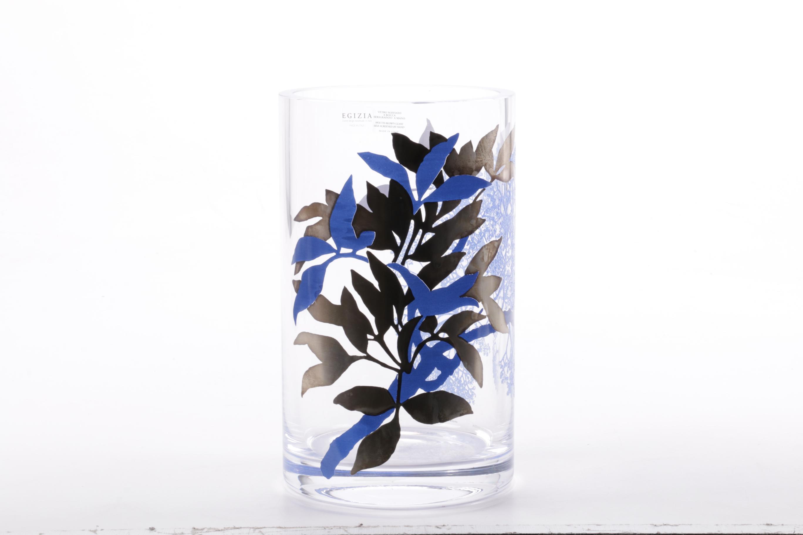 Egizia Italian Handblown Art Glass Vase with Silk Screen Design