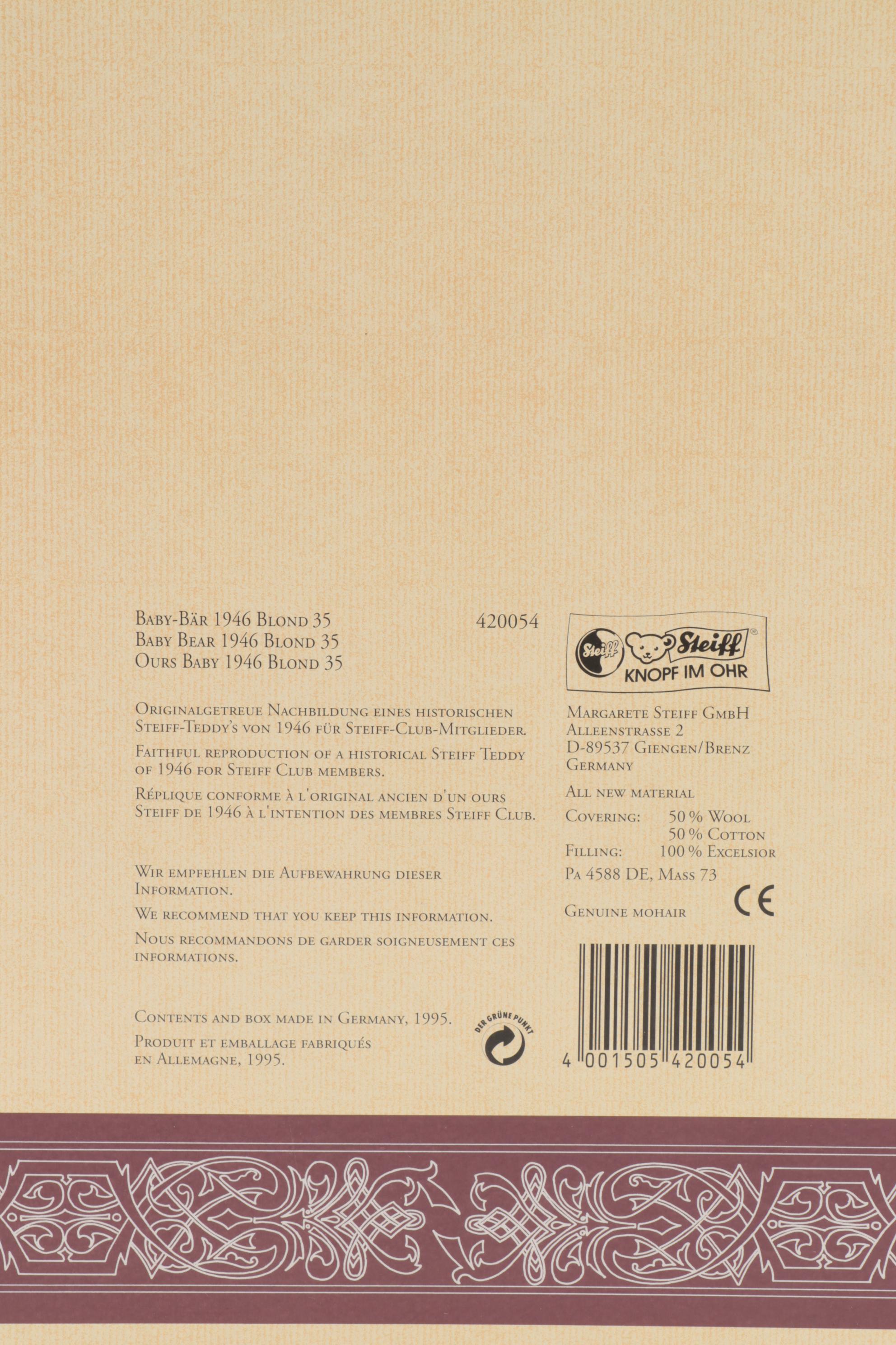 Steiff Club Mohair Baby Bear 1946 Blond 35 Plush Bear with Box and COA