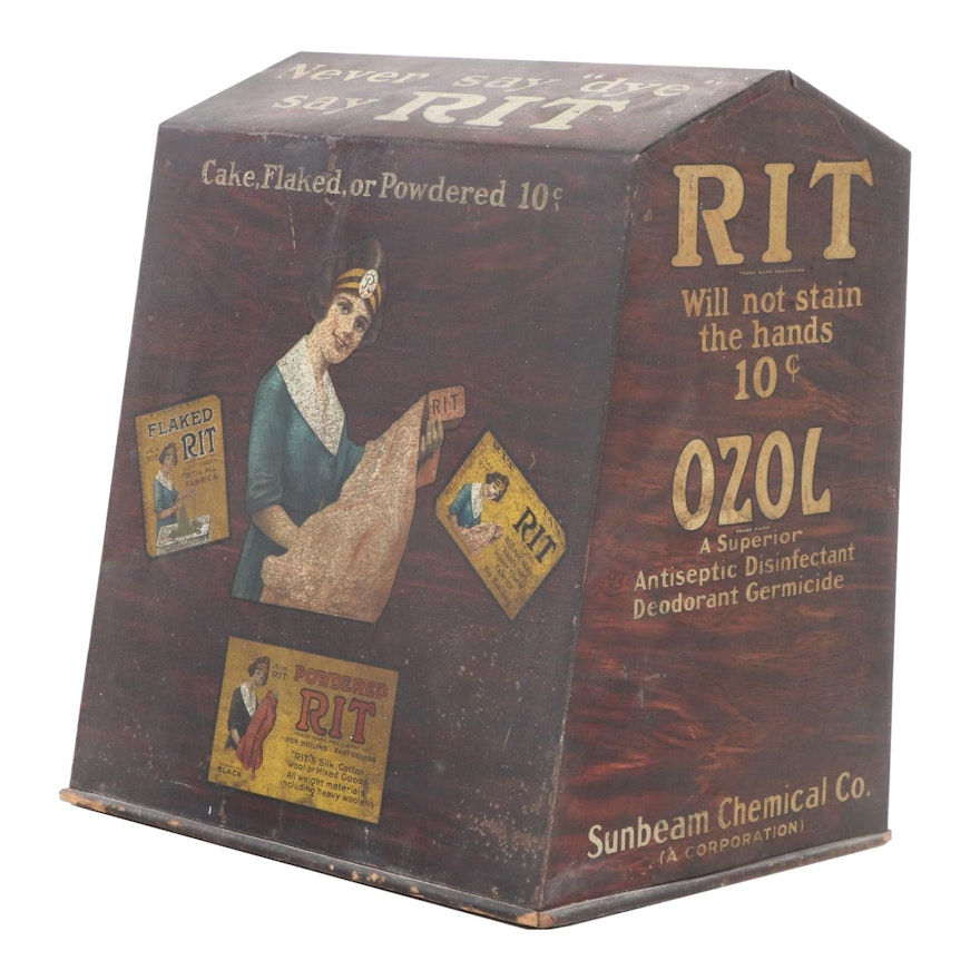 RIT Dye Tin and Wood Store Countertop Advertising Display Cabinet, Antique