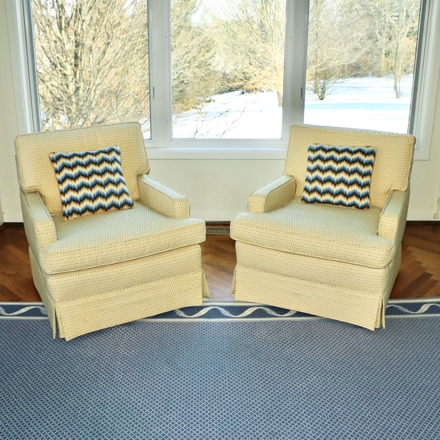 Pair of Skirted Upholstered Armchairs with Pillows