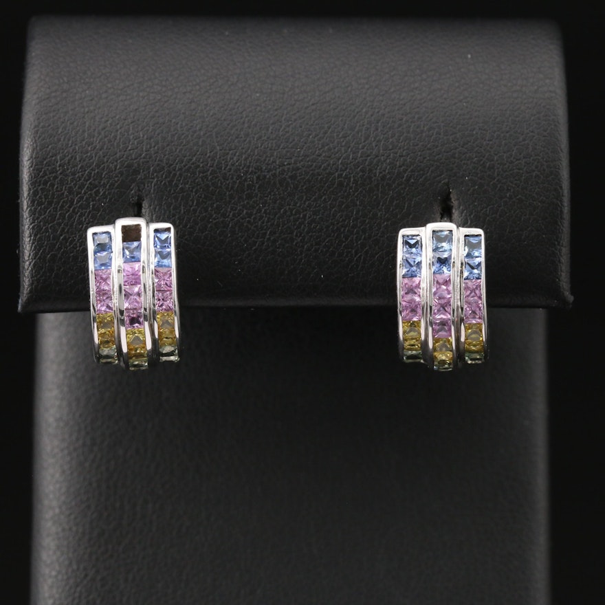 14K Pastel Colored Sapphire Triple Row Earrings