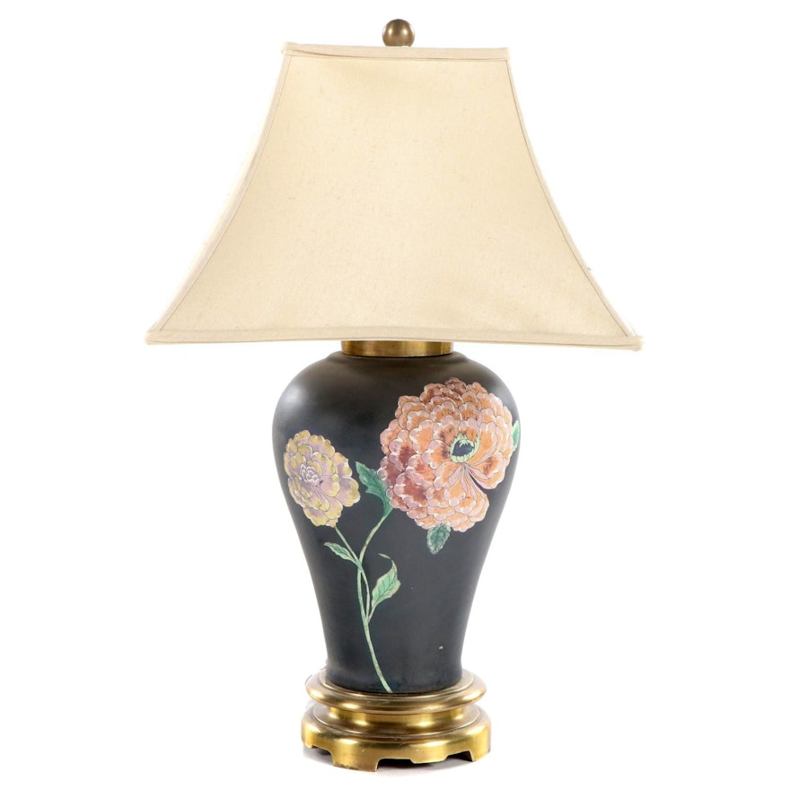 Chapman Brass-Mounted and Floral-Painted Ceramic Baluster Vase Table Lamp