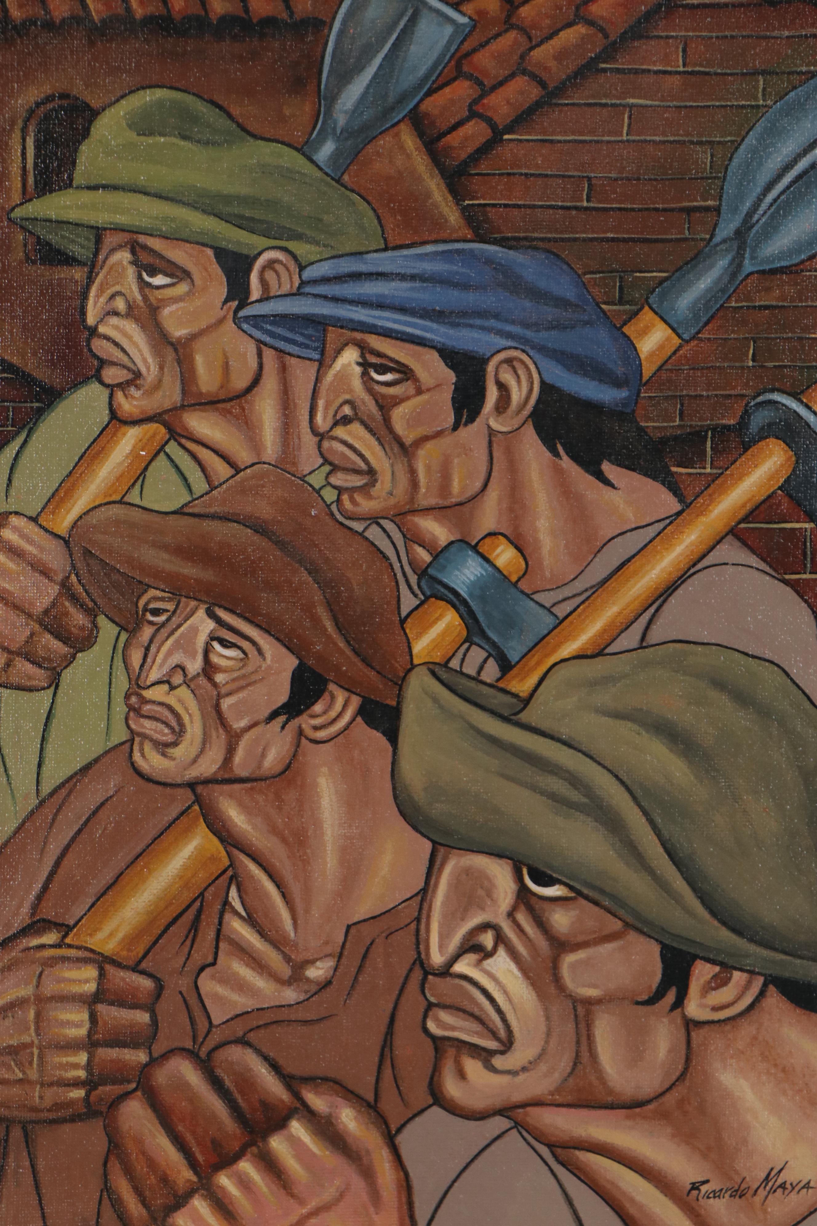 Ricardo Maya Social Realist Style Acrylic Painting of Laborers