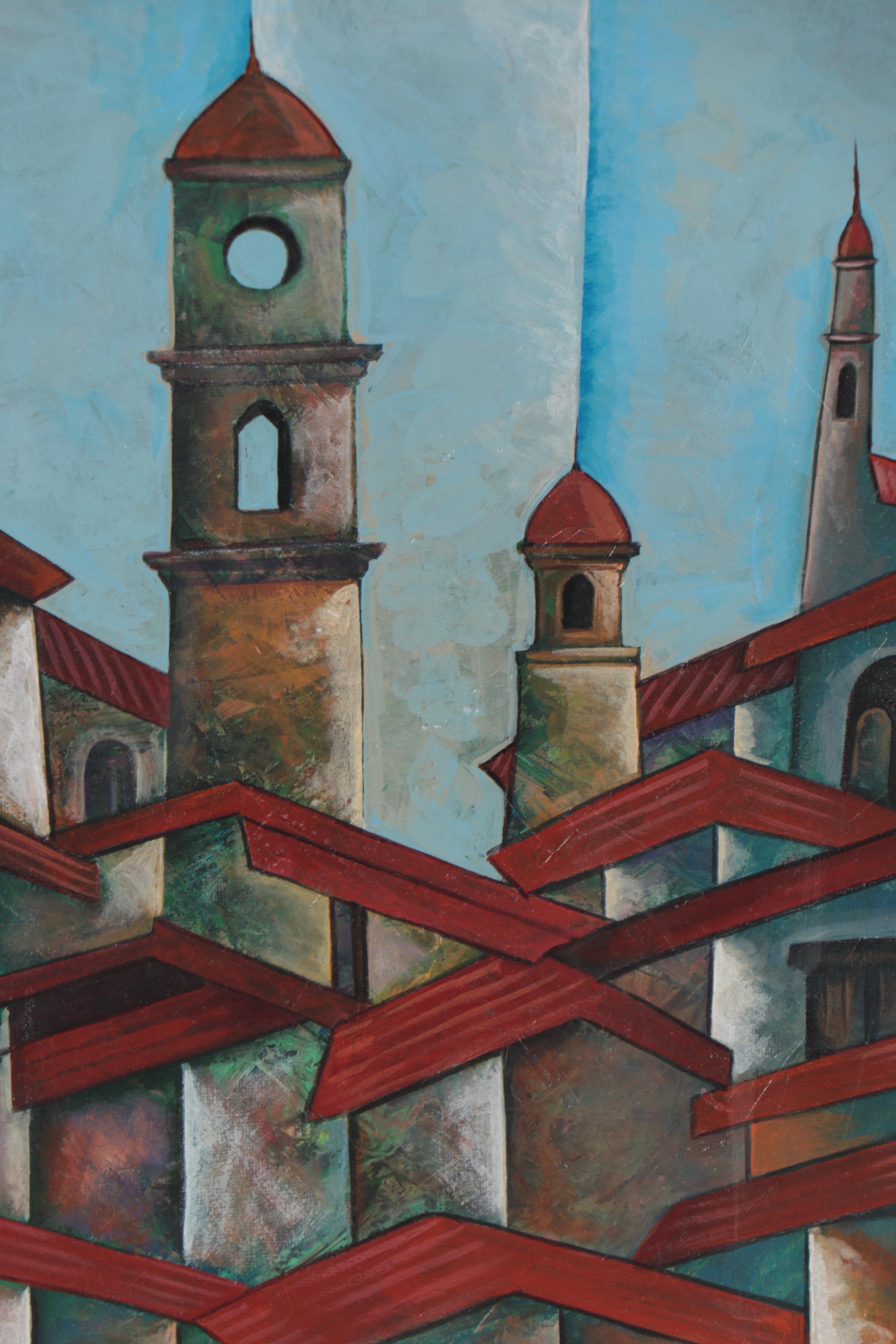 Ricardo Maya Architectural Acrylic Painting of Rooftops and Church Steeples