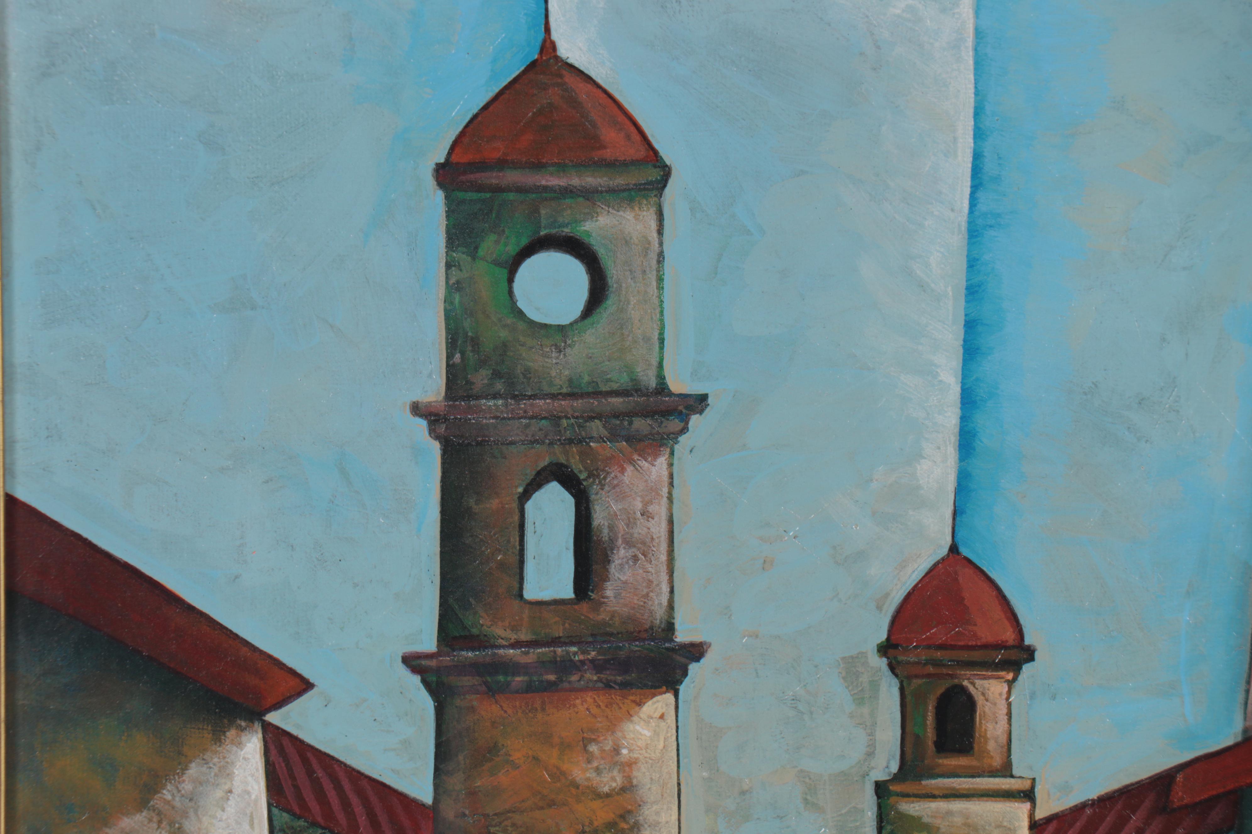 Ricardo Maya Architectural Acrylic Painting of Rooftops and Church Steeples