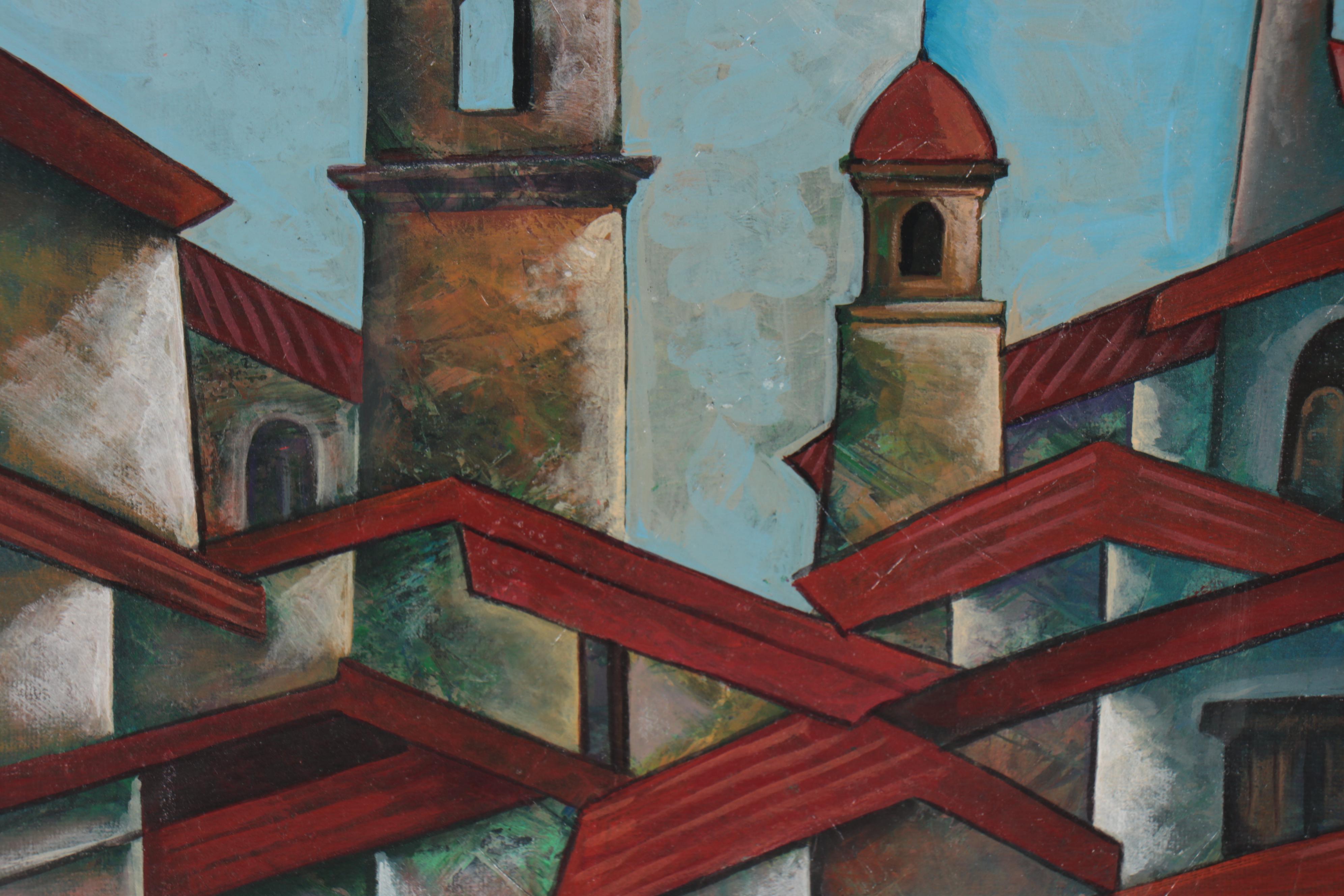 Ricardo Maya Architectural Acrylic Painting of Rooftops and Church Steeples