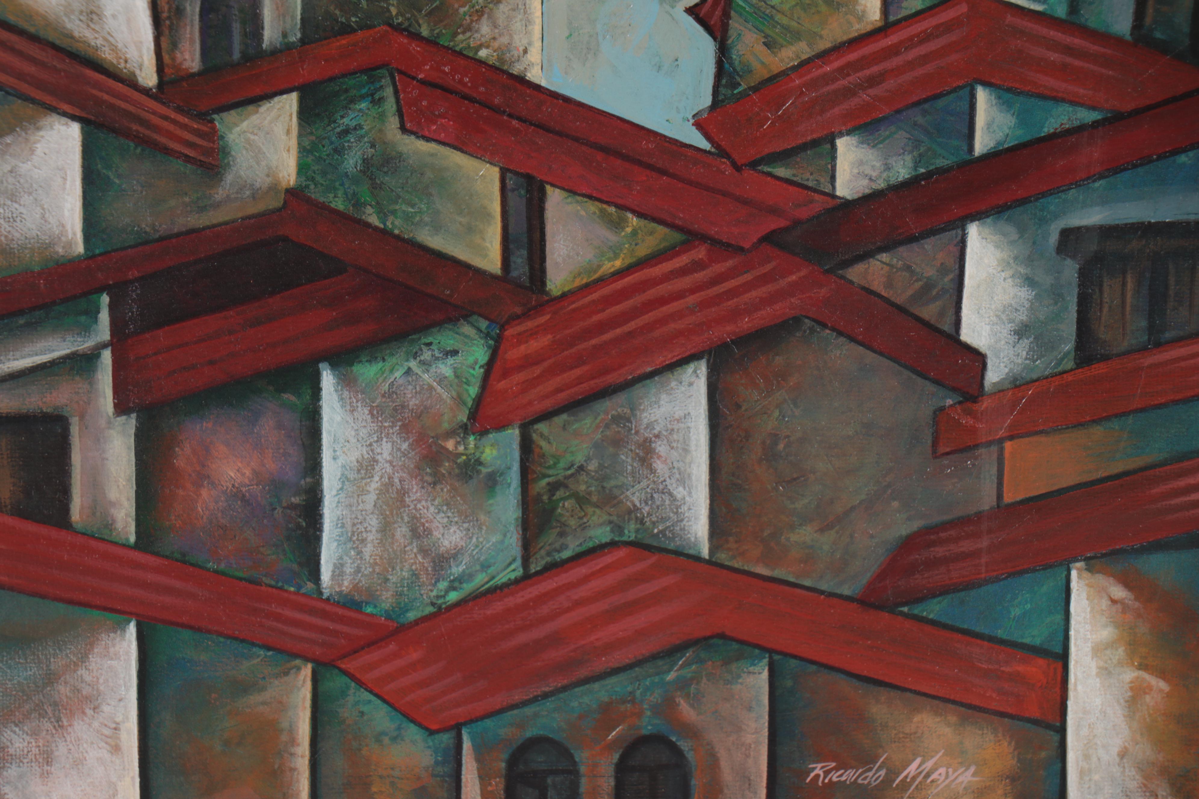Ricardo Maya Architectural Acrylic Painting of Rooftops and Church Steeples