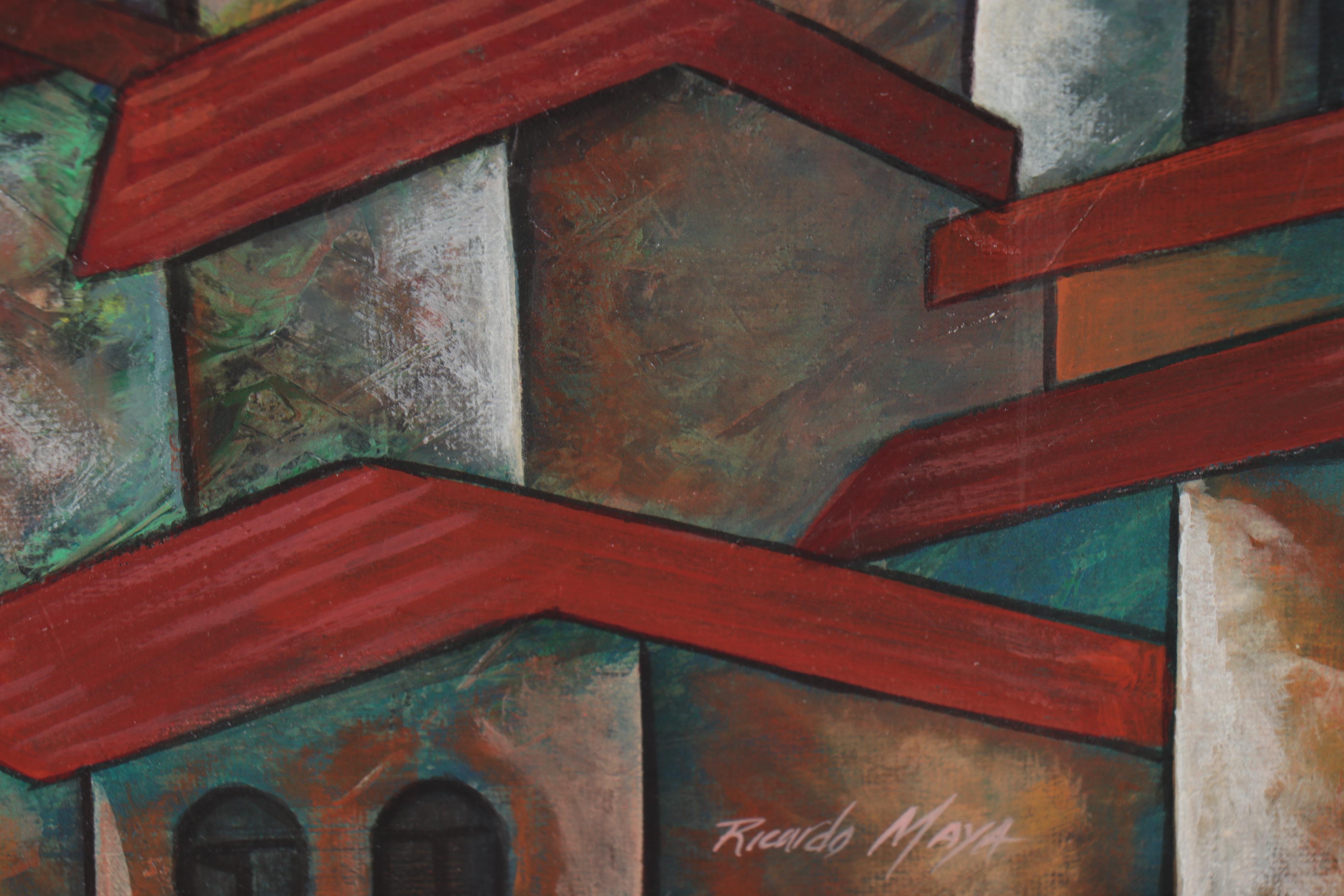 Ricardo Maya Architectural Acrylic Painting of Rooftops and Church Steeples