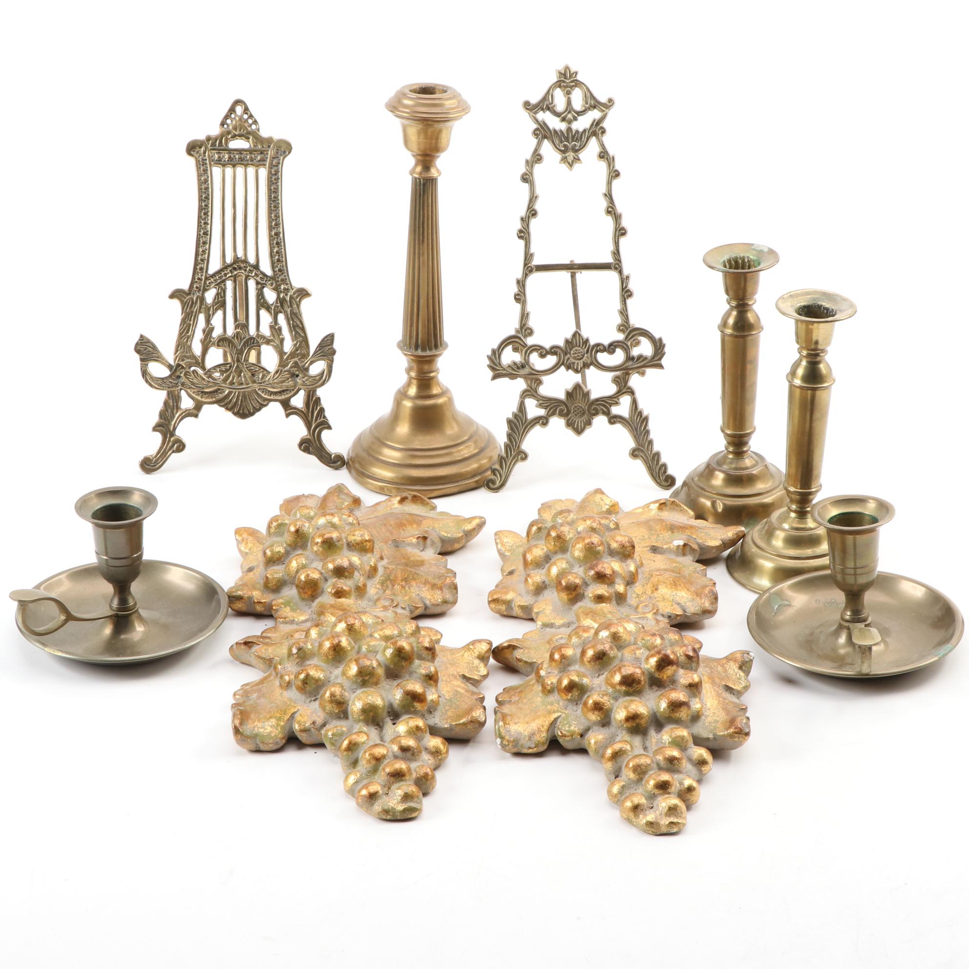 Brass Candle Holders, Easels and Thanhardt Burger Gilt Plaster Wall Decor