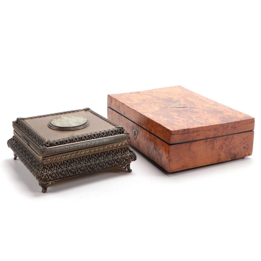 Brass and Carved Serpentine Medallion Box with Burl Wood Musical Jewelry Box