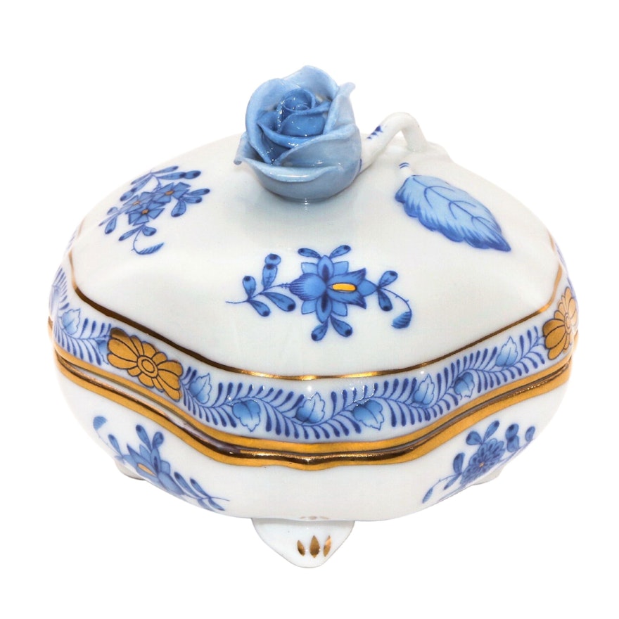 Herend "Chinese Bouquet" Blue Porcelain Covered Bonbon Dish