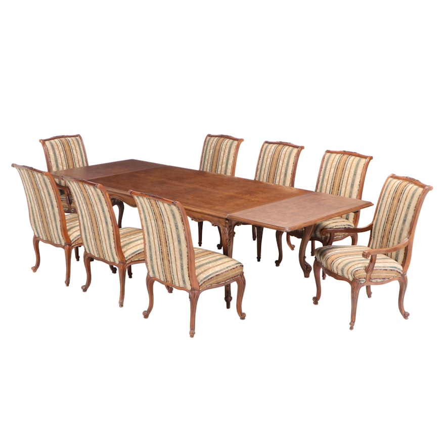 Bau Louis XV Style Walnut and Burl Walnut Dining Table with Chairs