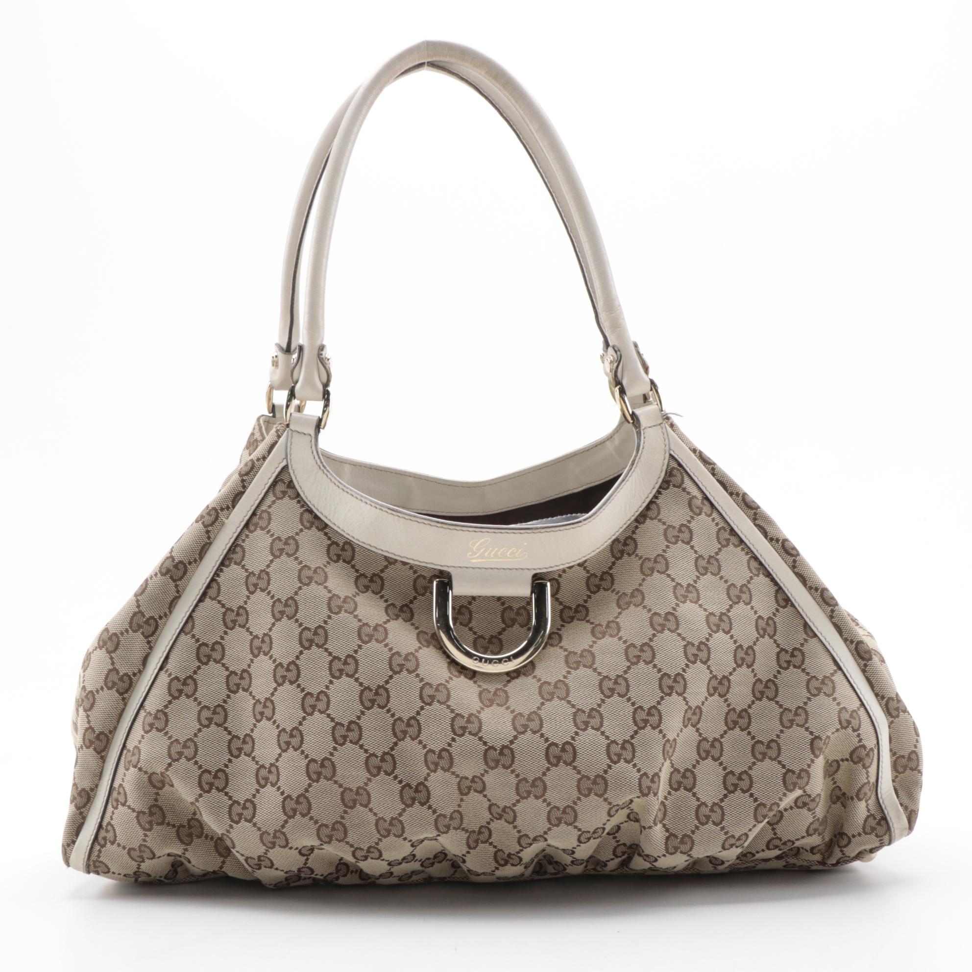 Gucci Abbey D-Ring Tote Bag in GG Canvas and Off-White Leather