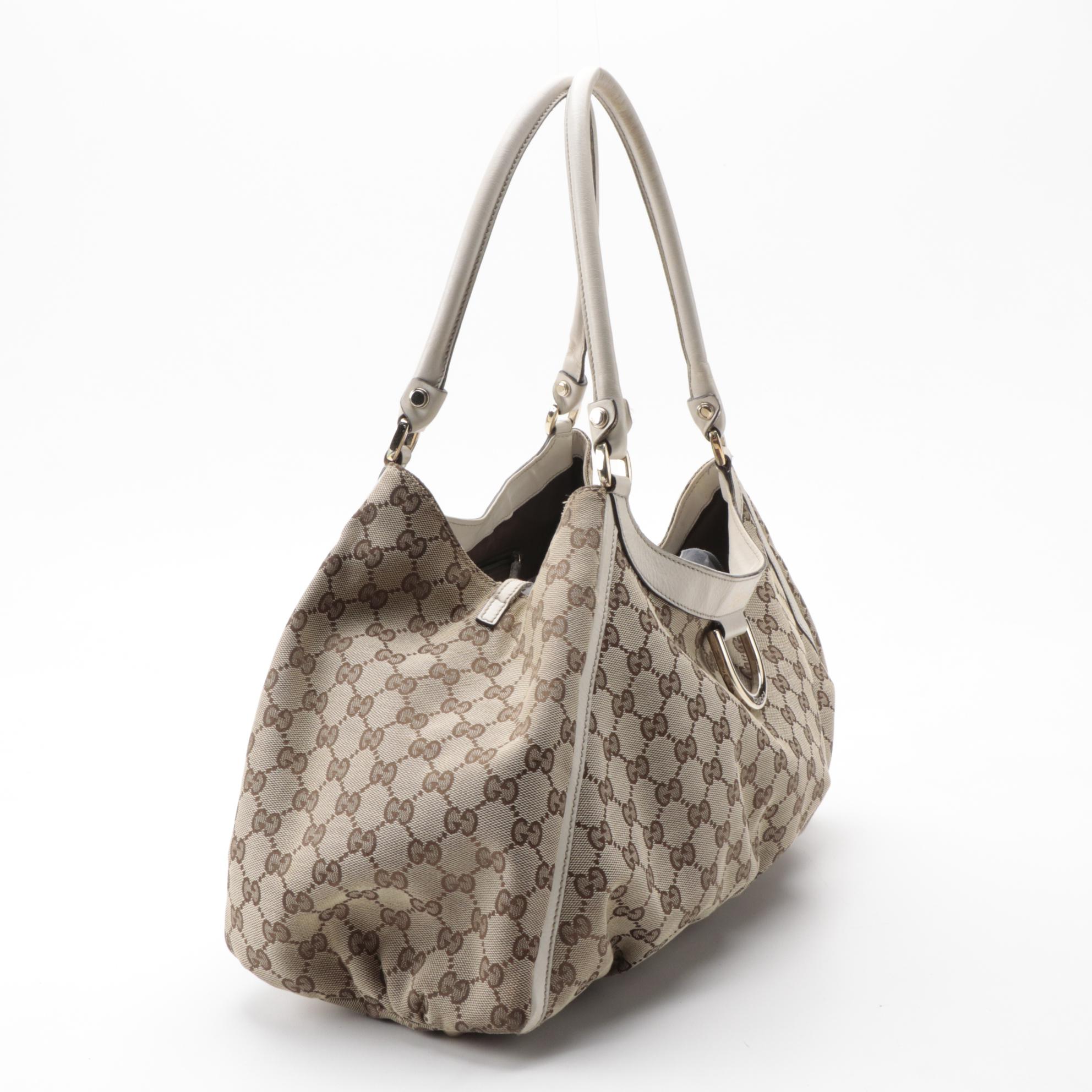 Gucci Abbey D-Ring Tote Bag in GG Canvas and Off-White Leather