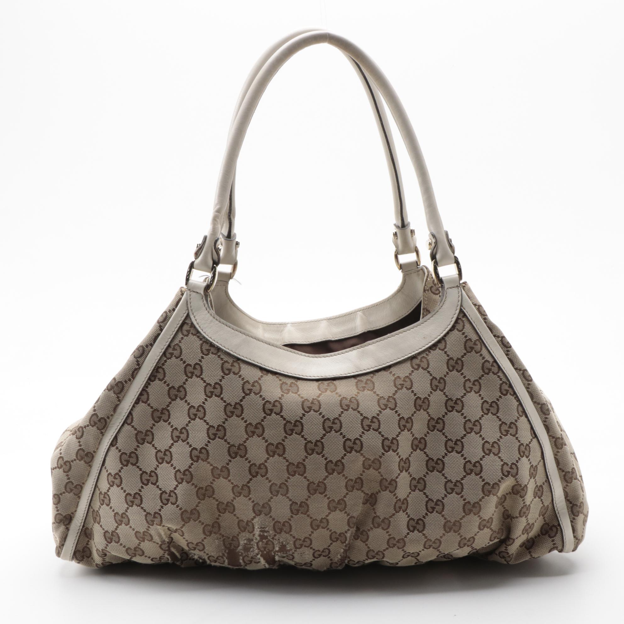 Gucci Abbey D-Ring Tote Bag in GG Canvas and Off-White Leather
