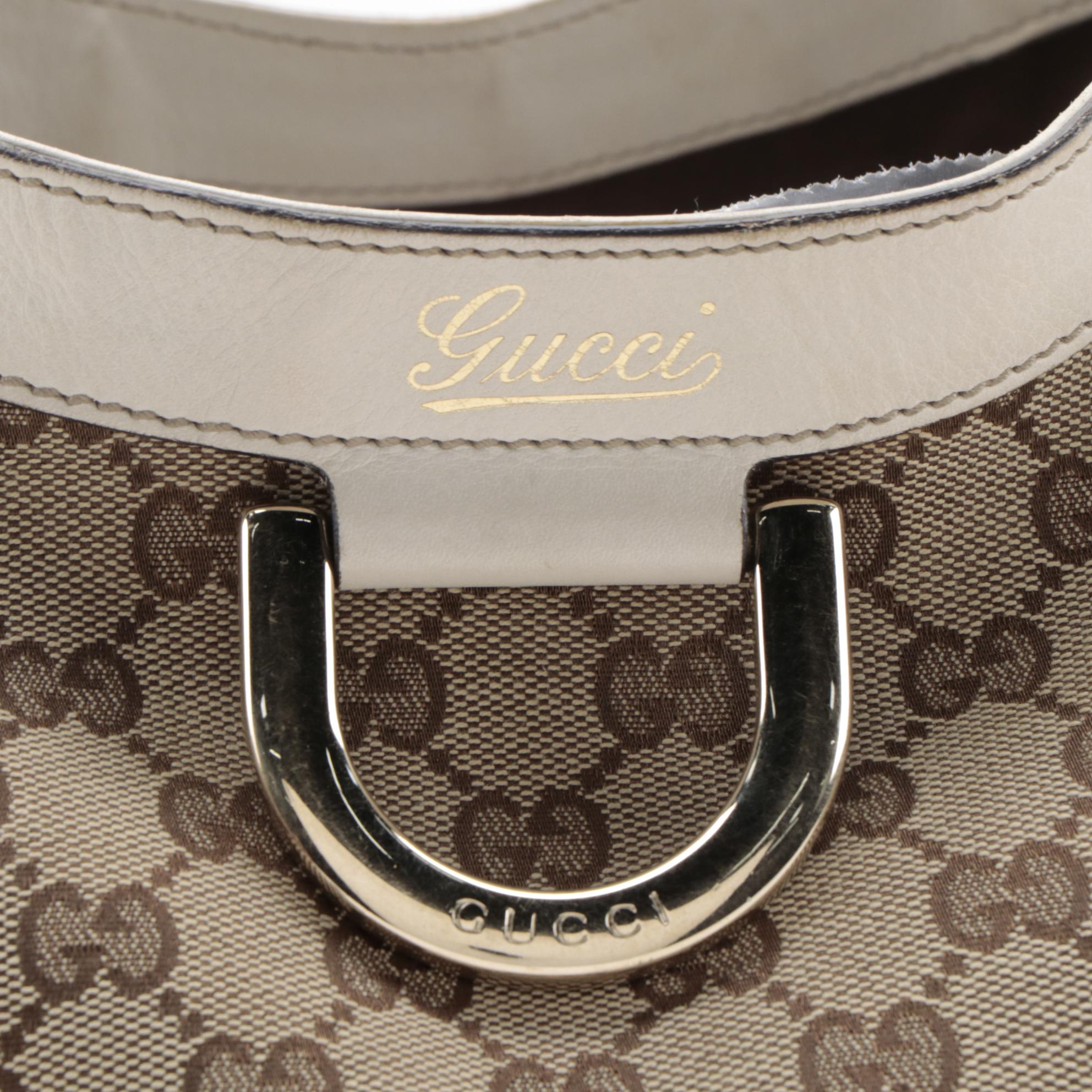Gucci Abbey D-Ring Tote Bag in GG Canvas and Off-White Leather