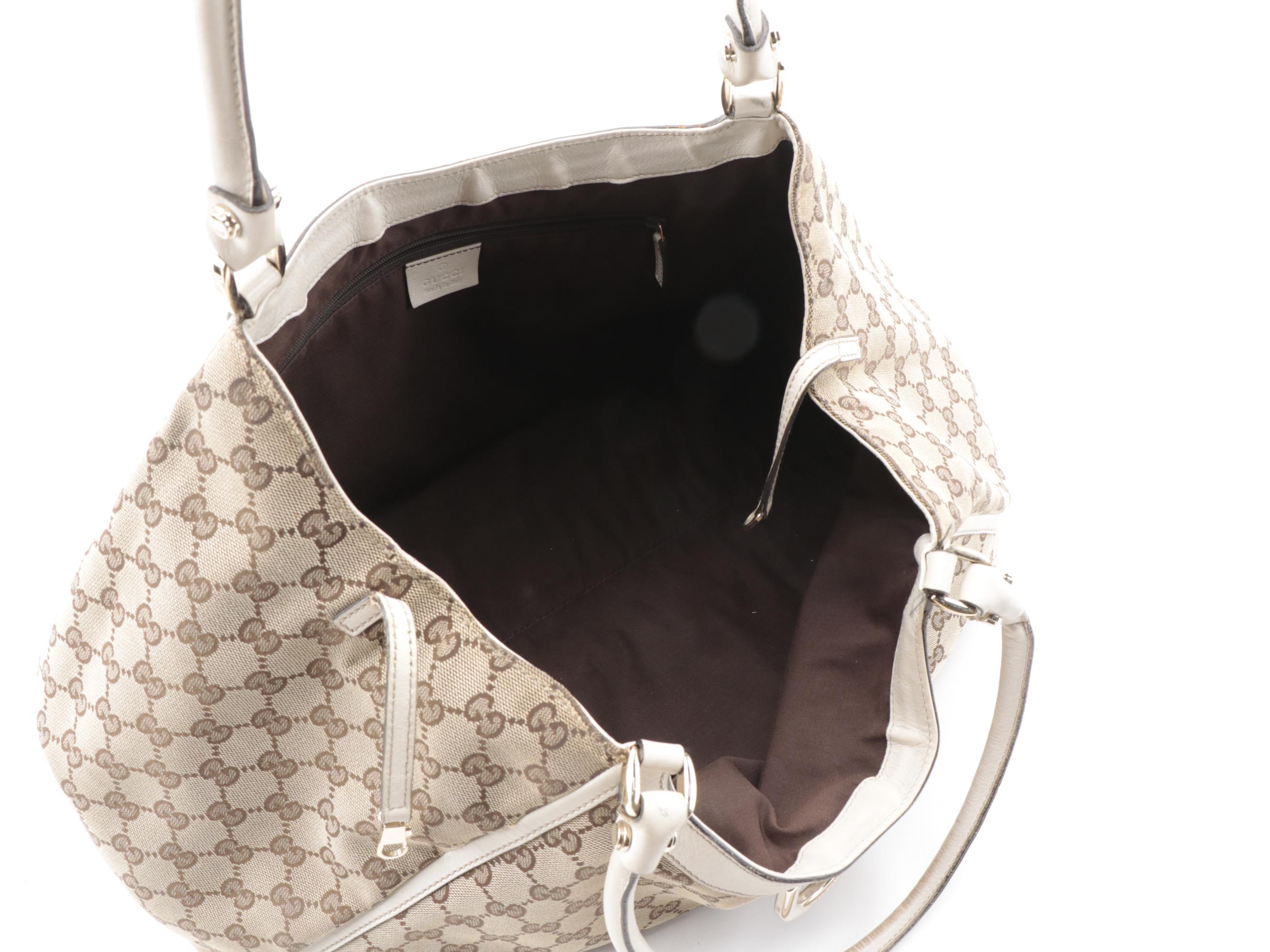 Gucci Abbey D-Ring Tote Bag in GG Canvas and Off-White Leather