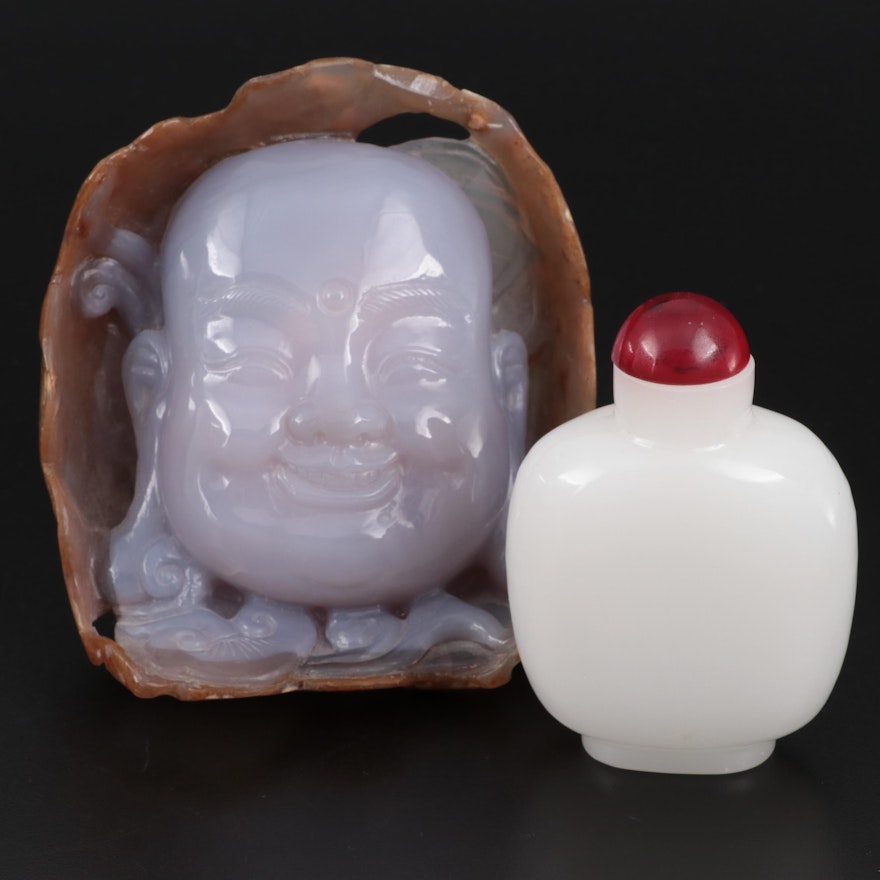 Chinese Style Carved Agate Chalcedony Buddha Head with Serpentine Snuff Bottle