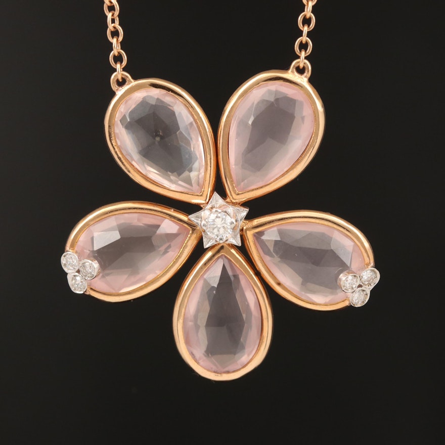 18K Rose Gold Diamond and Rose Quartz Flower Necklace