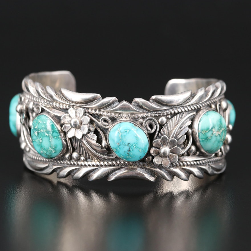 Southwestern Sterling Silver Turquoise Cuff with Floral Design