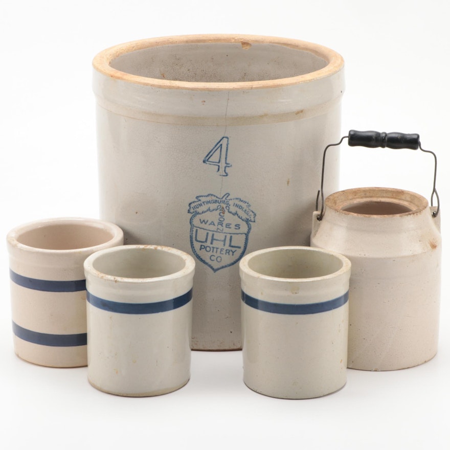 Four Gallon Uhl Pottery, and Other Stoneware Crocks, 20th Century