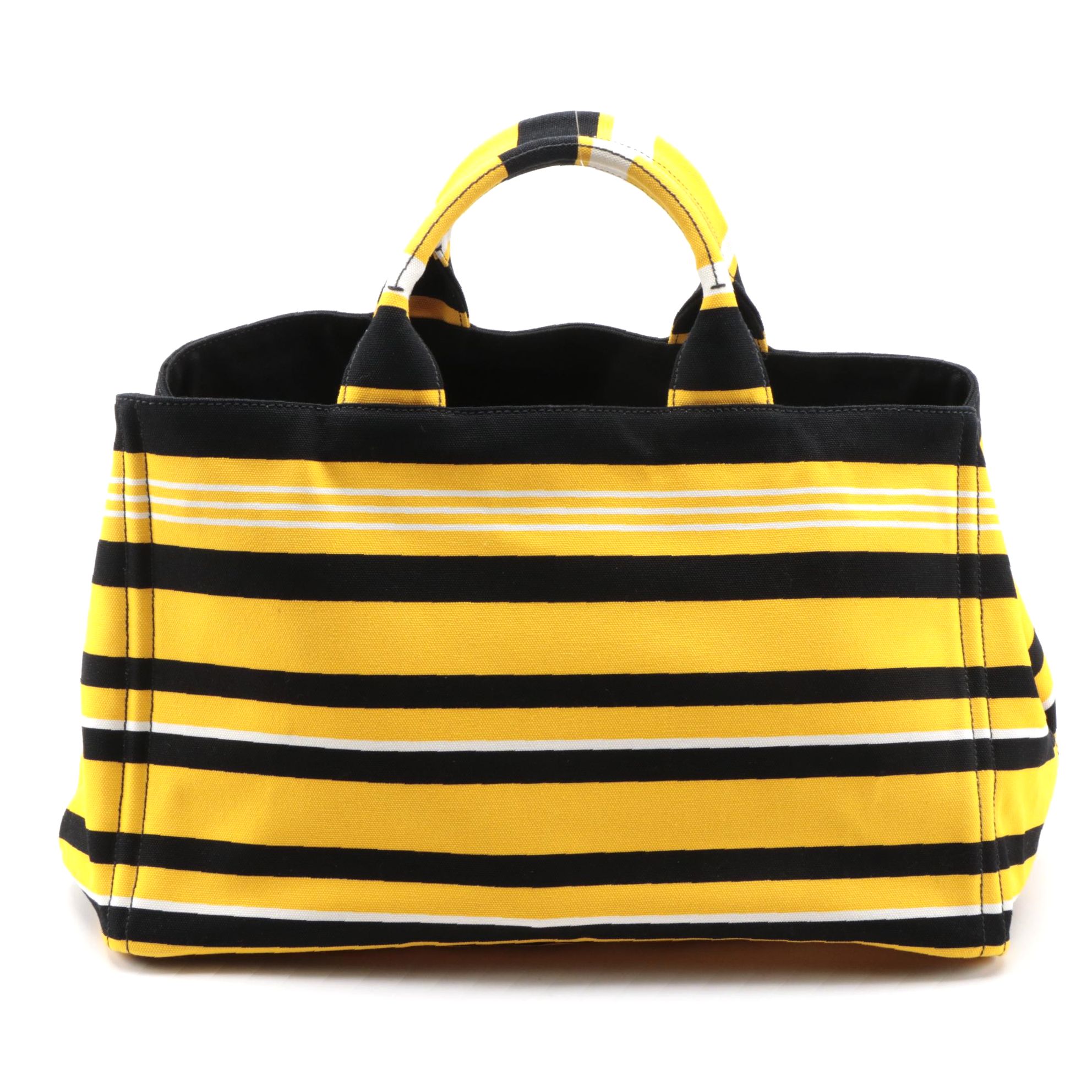 Prada Shopping Tote in Striped Yellow and Black Canapa Canvas