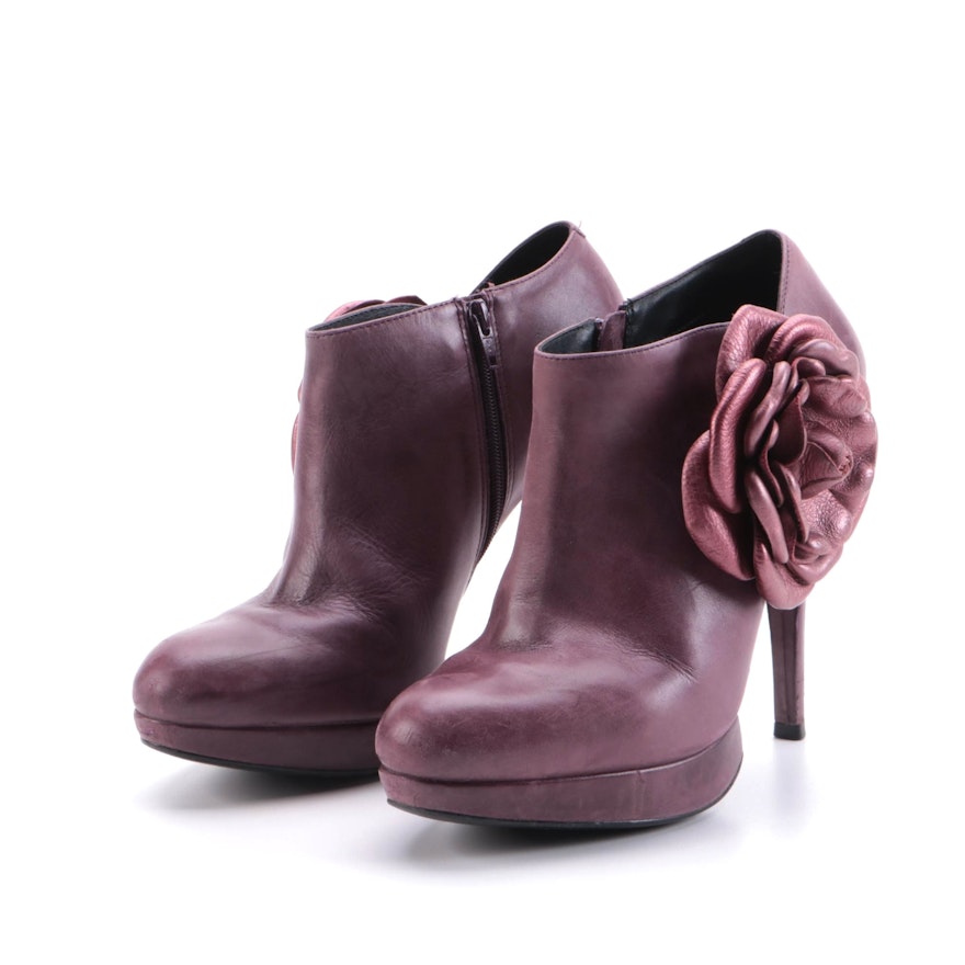 Kelsi Dagger Rosabella Platform Heels in Plum Leather with Metallic Flowers