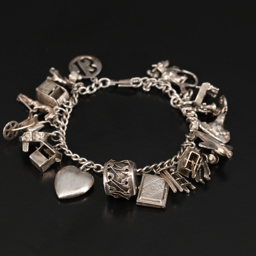 Vintage Sterling Charm Bracelet Featuring Cuckoo Clock, Wishing Well and More