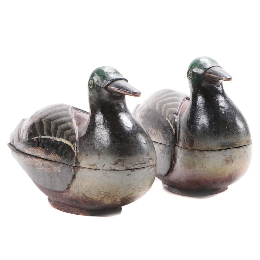 Archana Handicrafts Carved and Polychrome-Decorated Duck Shaped Betel Boxes