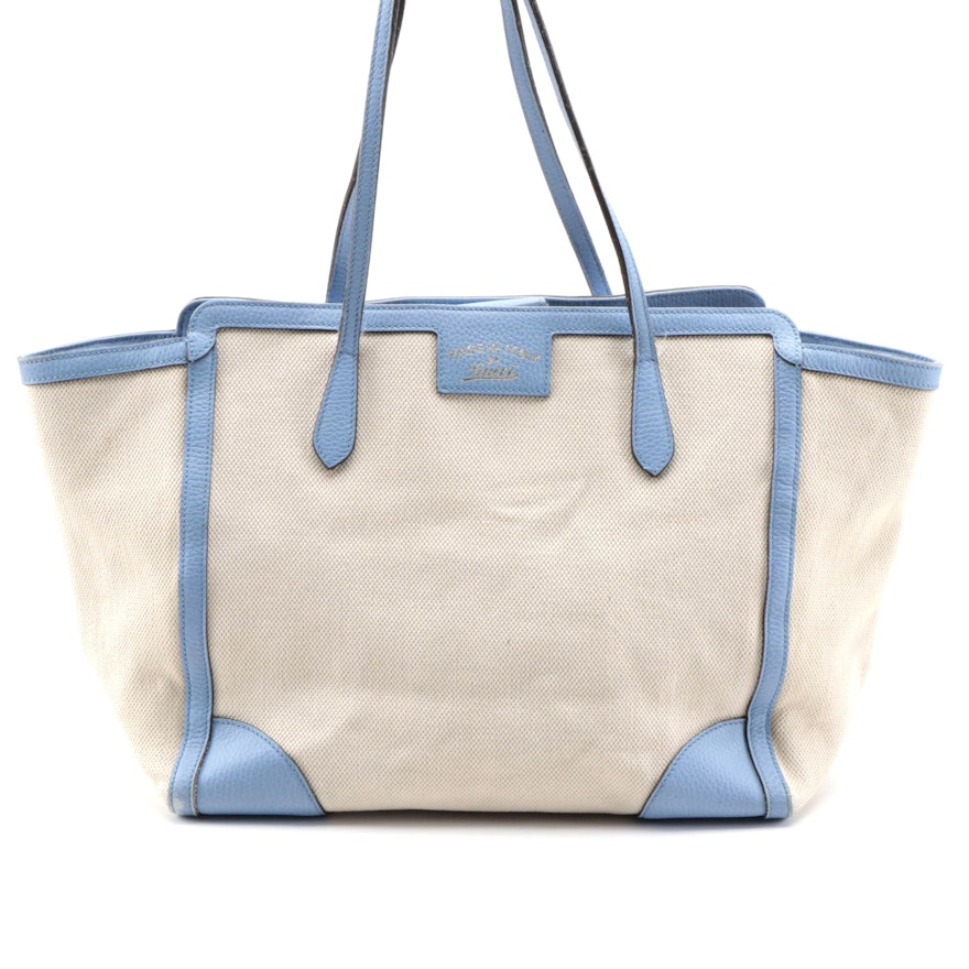 Gucci Swing Tote in Ivory Canvas and Powder Blue Grained Leather Trim