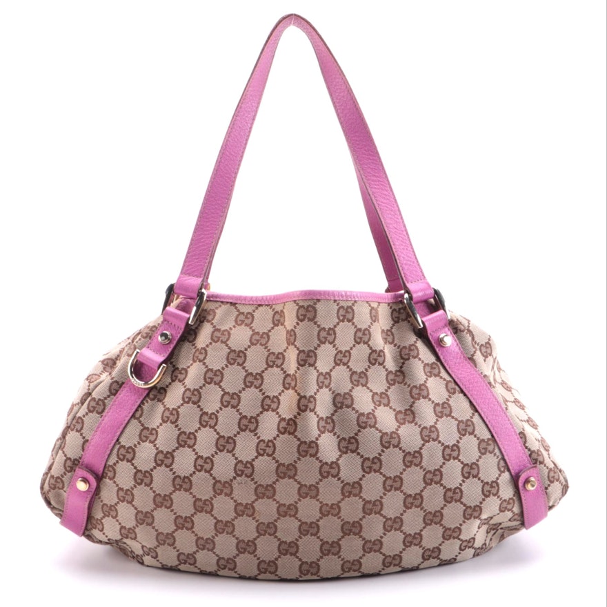 Gucci Abbey Shoulder Bag in GG Canvas and Pink Leather