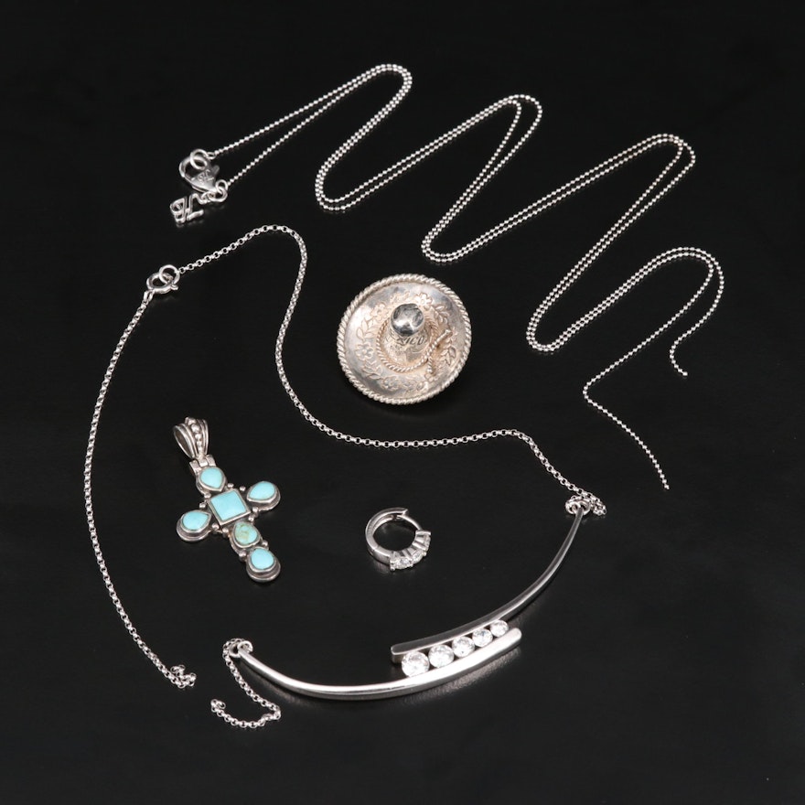 Sterling Jewelry Featuring Turquoise Cross Pendant and Sombrero Brooch