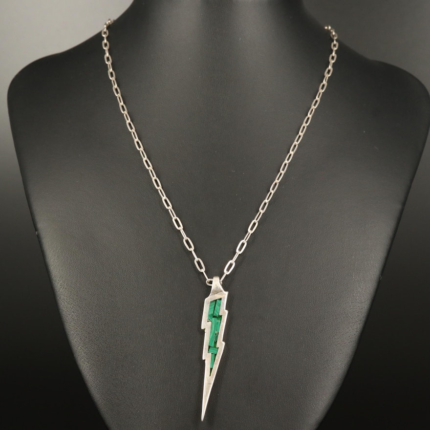 Sterling Silver Malachite Lightning Bolt Necklace