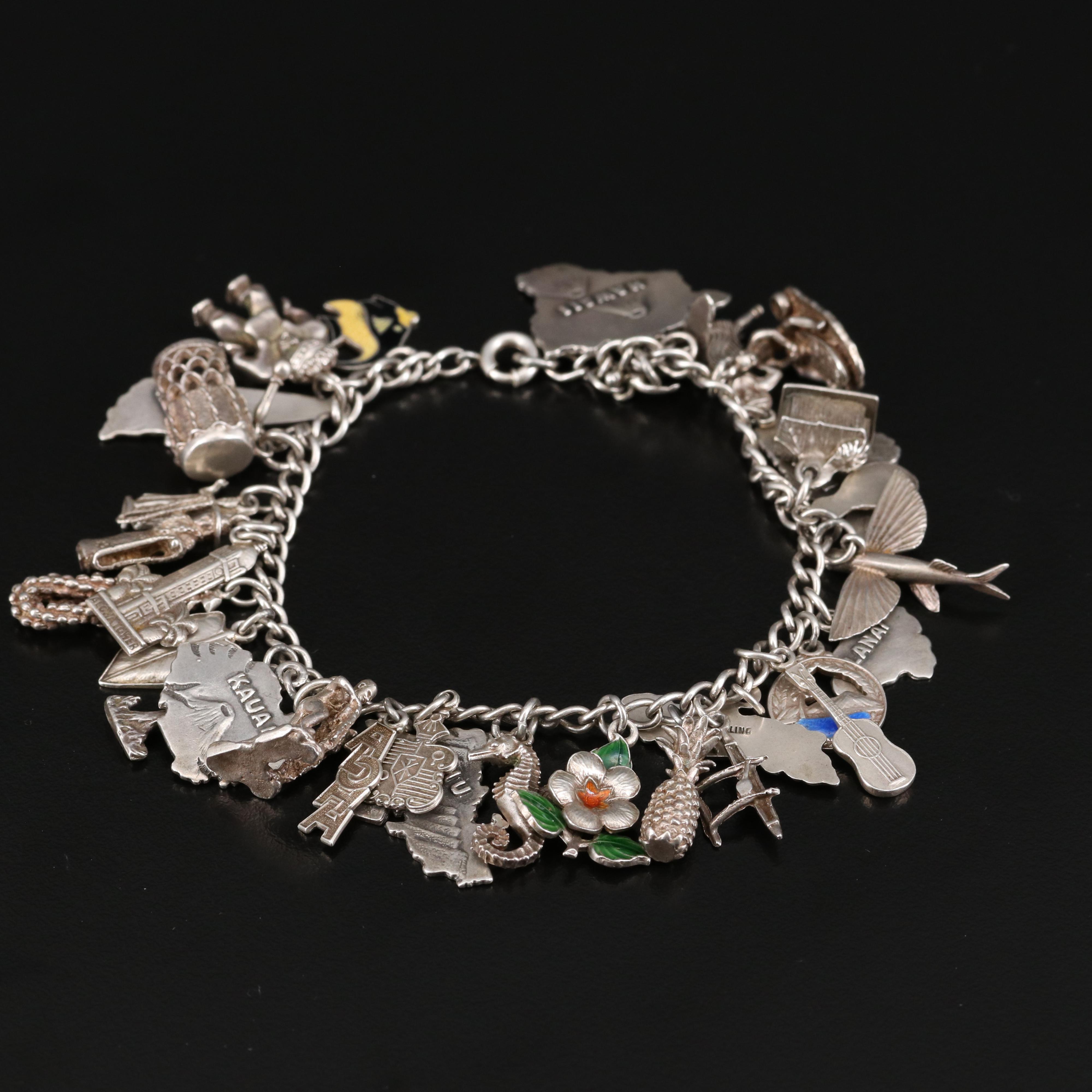 Vintage Sterling Silver Charm Bracelet Featuring Hawaiian Theme