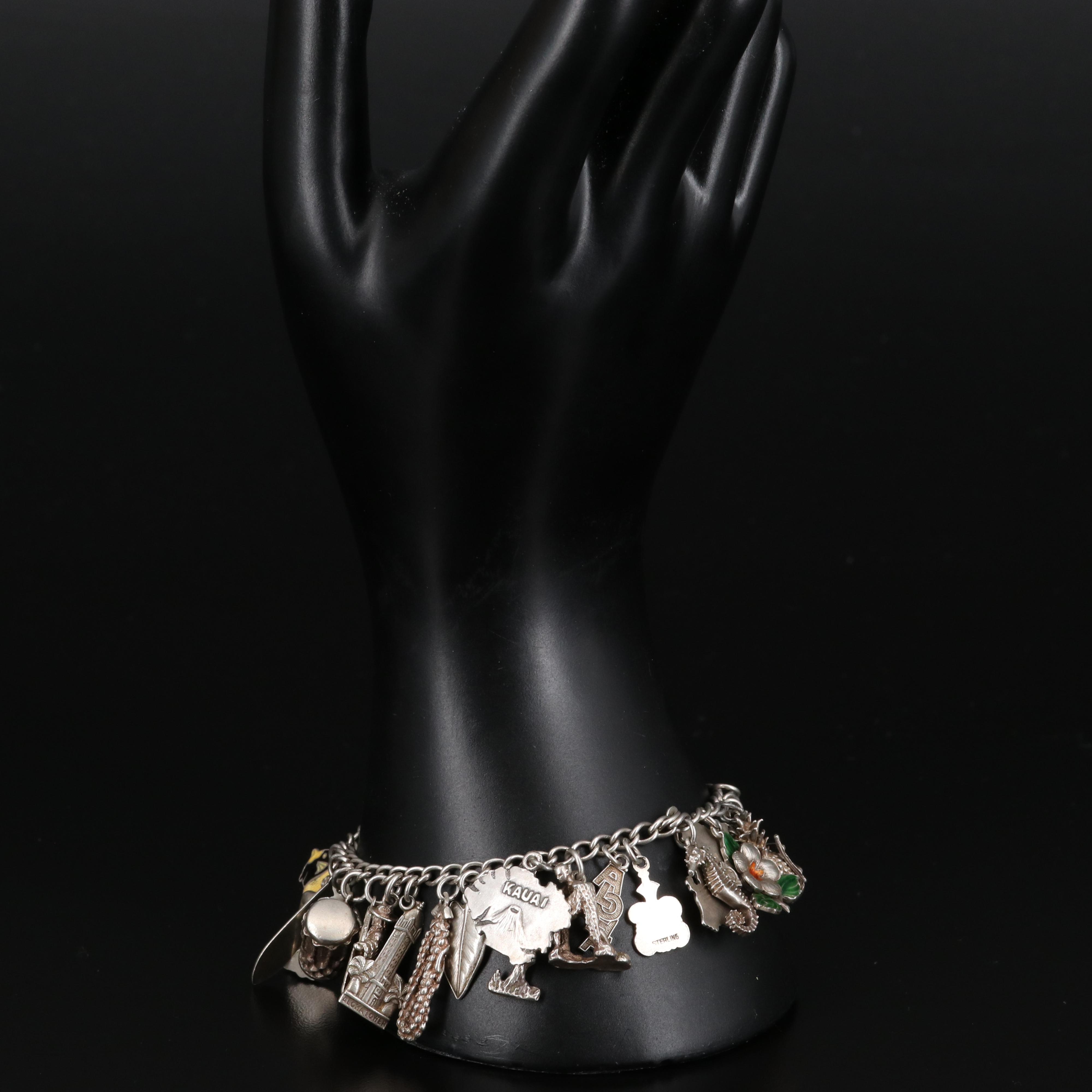 Vintage Sterling Silver Charm Bracelet Featuring Hawaiian Theme