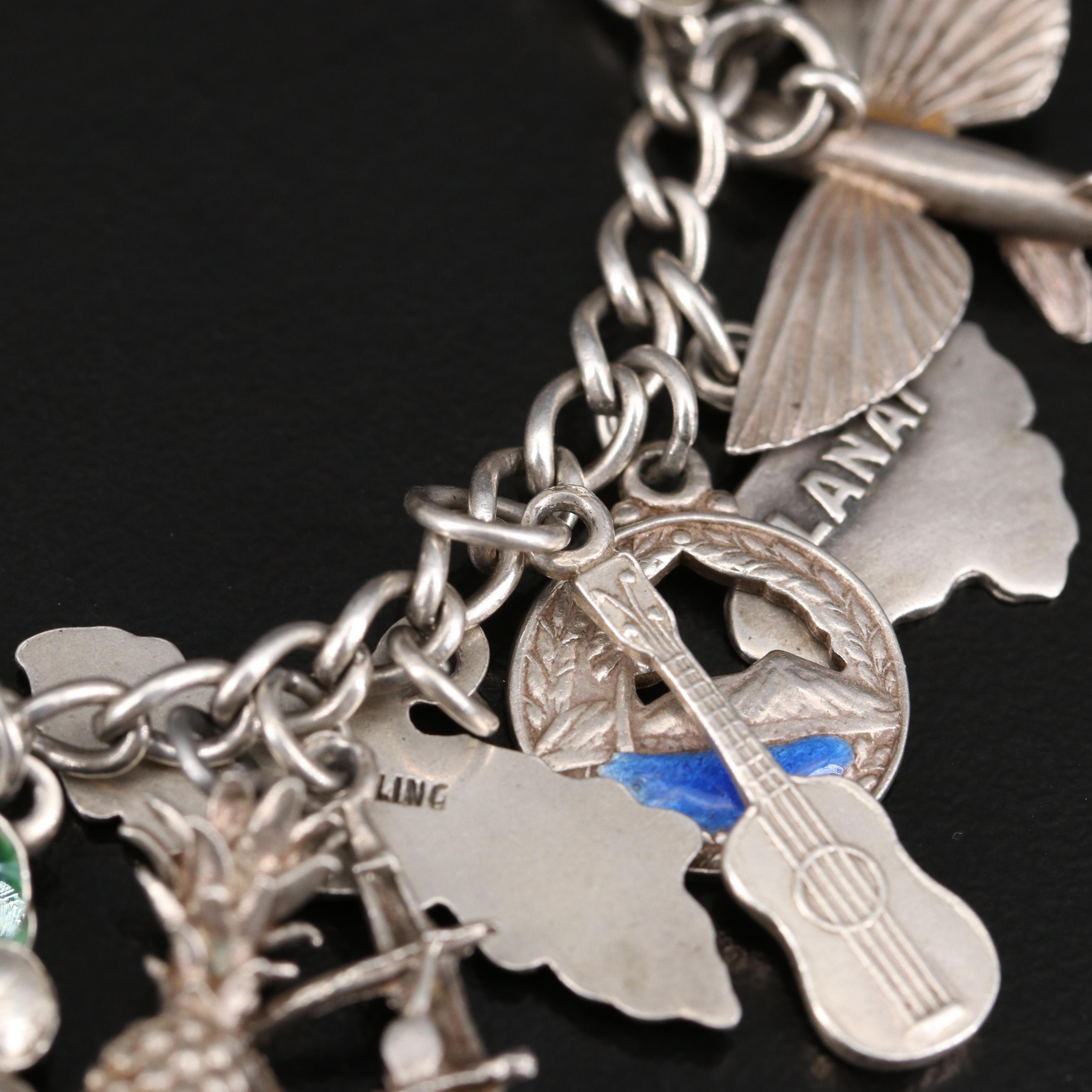 Vintage Sterling Silver Charm Bracelet Featuring Hawaiian Theme