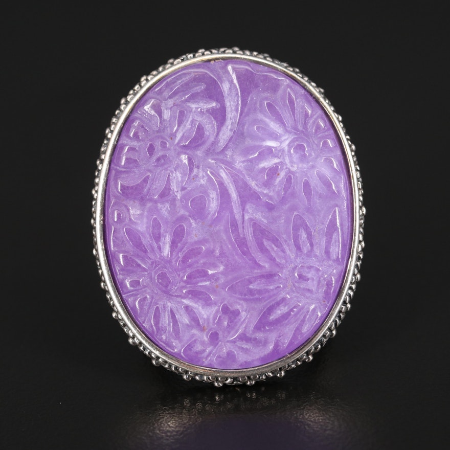 Sterling Carved Jadeite Floral Ring