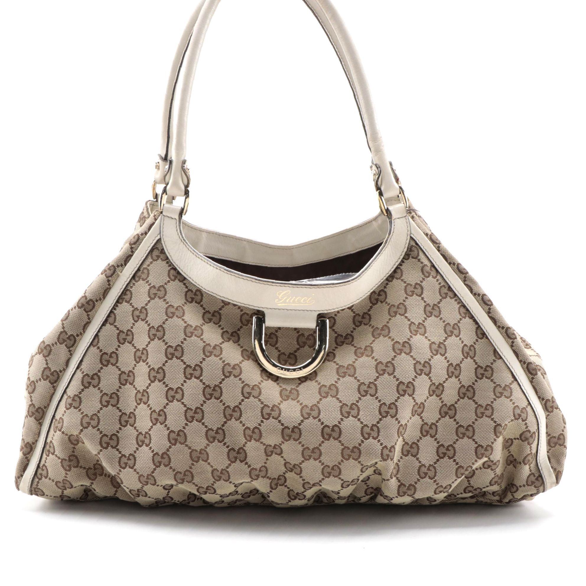 Gucci Abbey D-Ring Tote Bag in GG Canvas and Off-White Leather