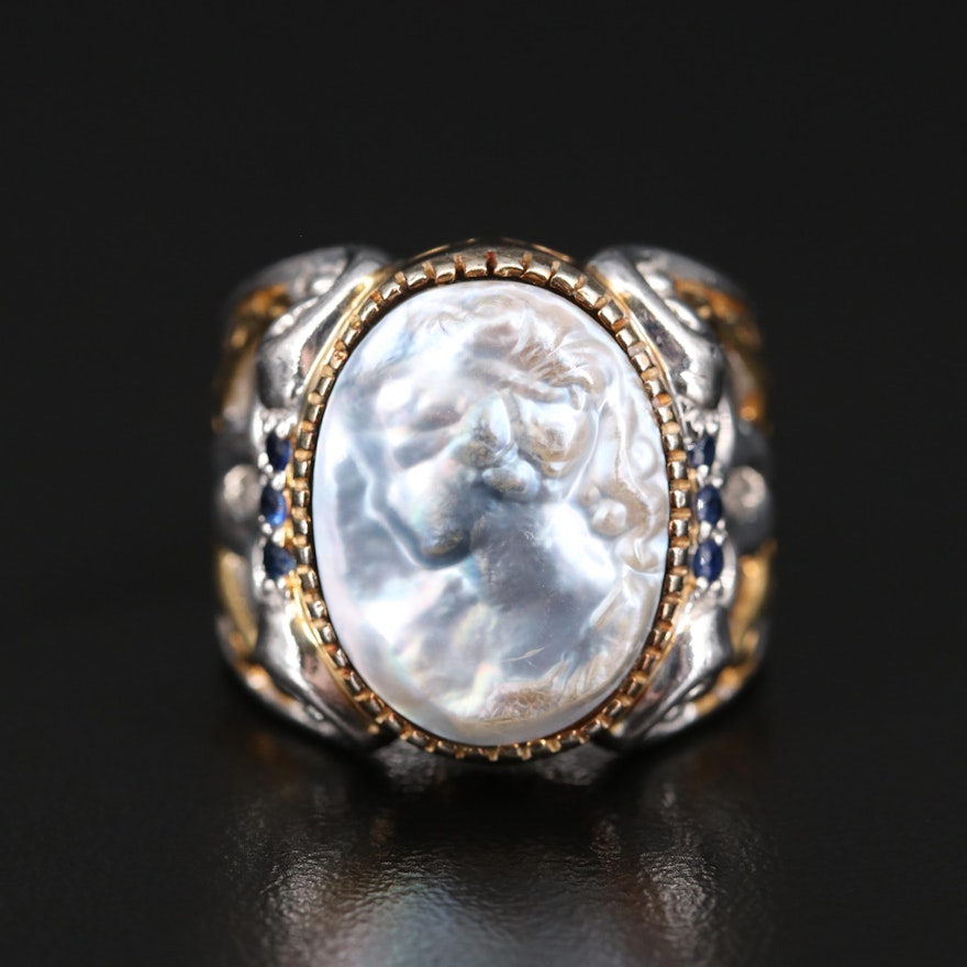 Sterling Mabé Pearl and Sapphire Cameo Ring