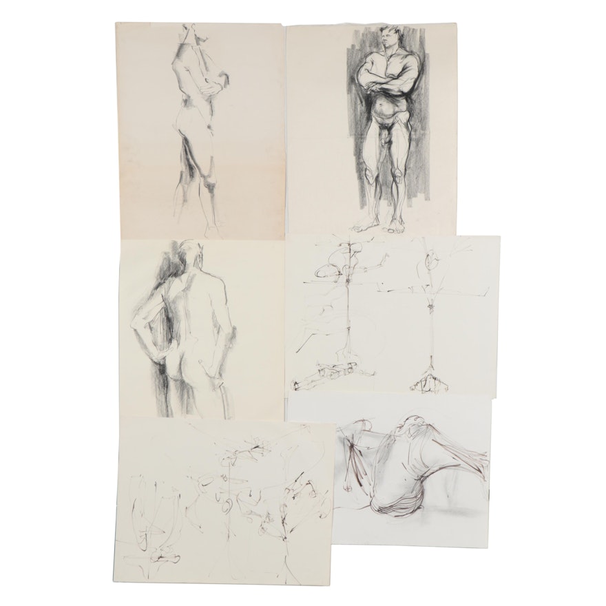 John Tuska Ink and Charcoal Figural Drawings, Late 20th Century