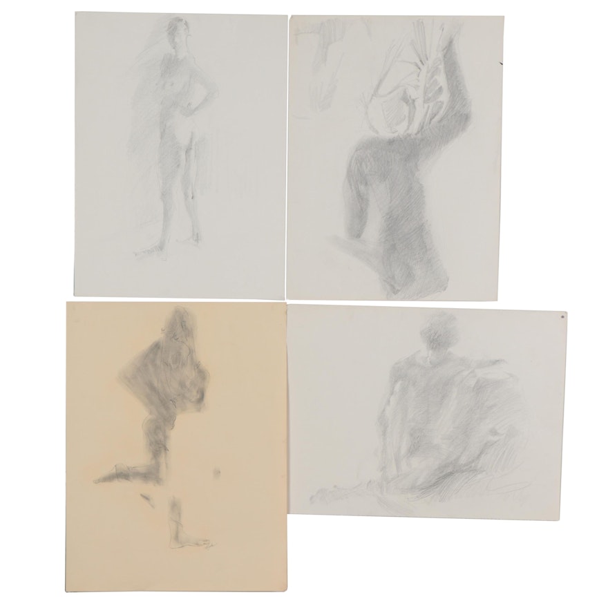 John Tuska Charcoal Gesture Drawings of Nude Figure Studies, Late 20th Century