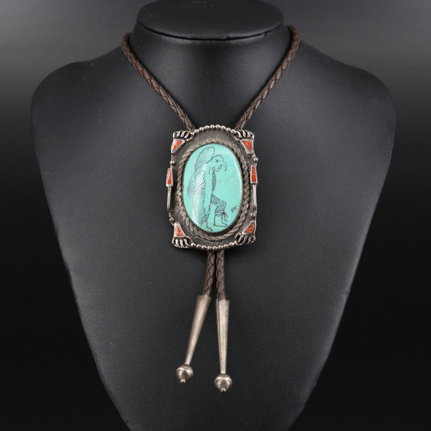 Signed Sterling Carved Turquoise Scrimshaw Bolo Tie