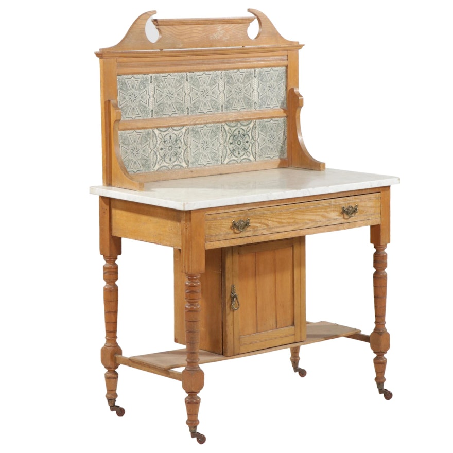 Late Victorian Marble Top Oak Wash Stand with Transfer Printed Tile Backsplash