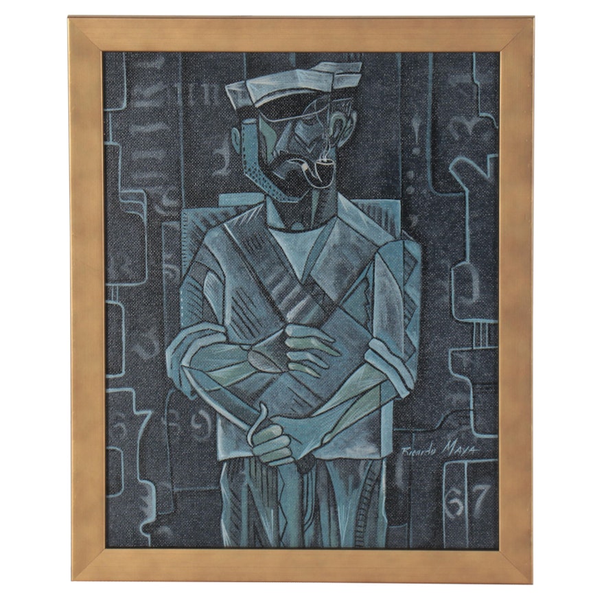 Ricardo Maya Acrylic Painting of Cubist Style Figure