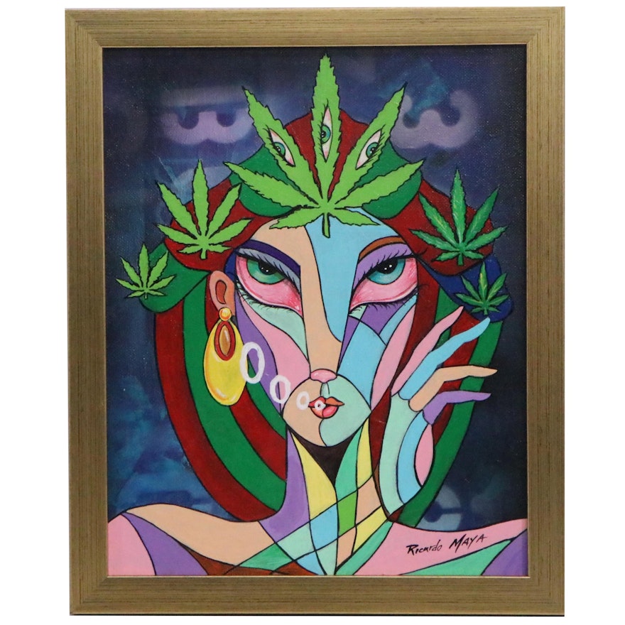 Ricardo Maya Portrait Acrylic Painting of Woman with Marijuana Leaves